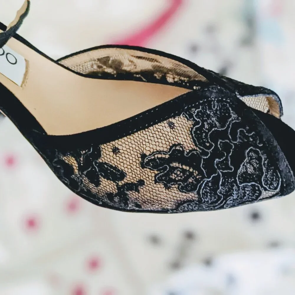NWT, Jimmy Choo Sacora 85 Black Suede and Lace Peep Toe Ankle Strap Sandals - Picture 5 of 13